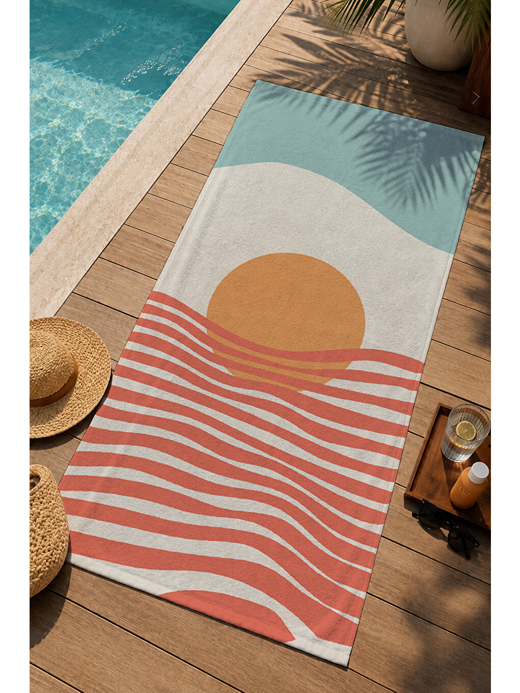 Mint Krem Turuncu Batımı Ve Çizgili Desenli 70x150 Cm Dijital Baskılı Plaj Ve Banyo Havlusu-2