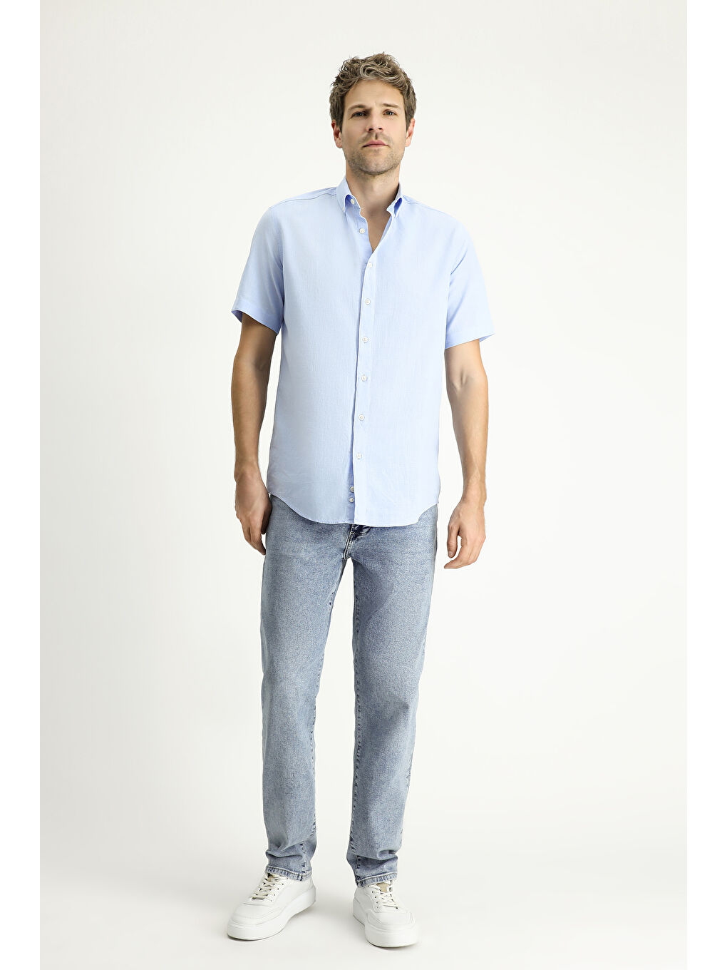Mavi Kısa Kol Regular Fit Spor Pamuk Düğmeli Yaka %100 Pamuk Gömlek-1