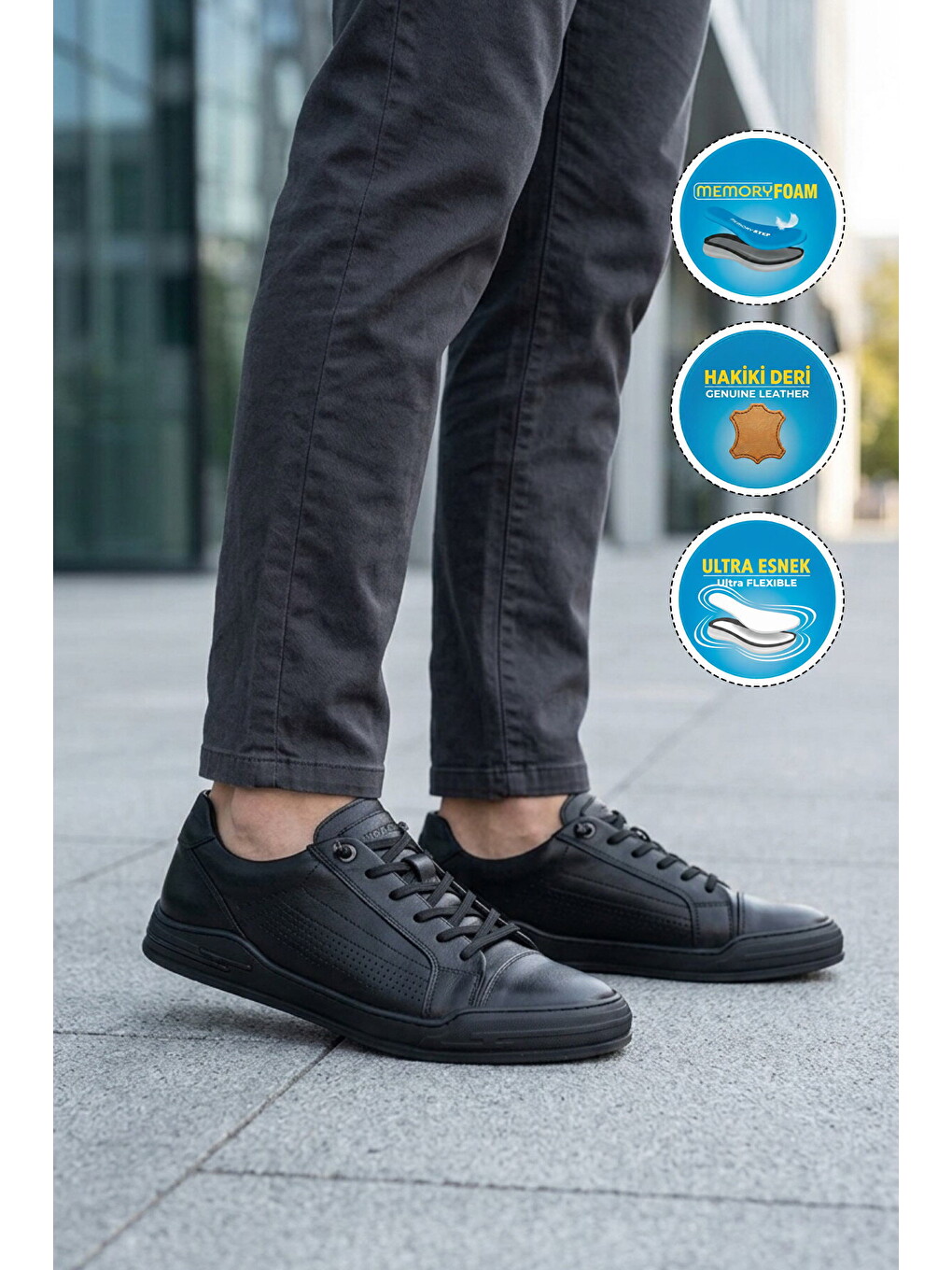 Siyah Hakiki Deri Erkek Sneaker Delikli Nefes Alabilen Casual Memory Taban M682 M-2