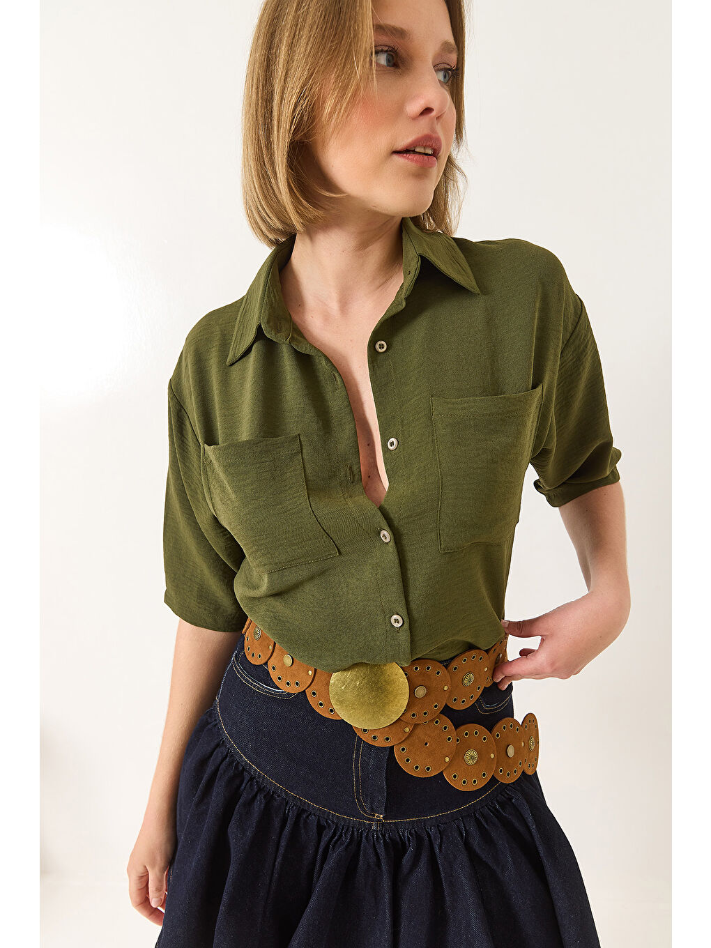 Yeşil Kadın Çift Cep Detaylı Keten Aerobin Oversize Kısa Gömlek-2