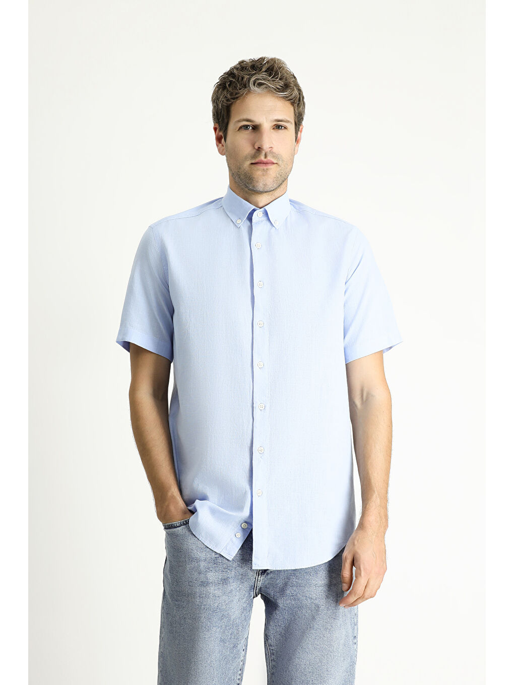 Mavi Kısa Kol Regular Fit Spor Pamuk Düğmeli Yaka %100 Pamuk Gömlek-2