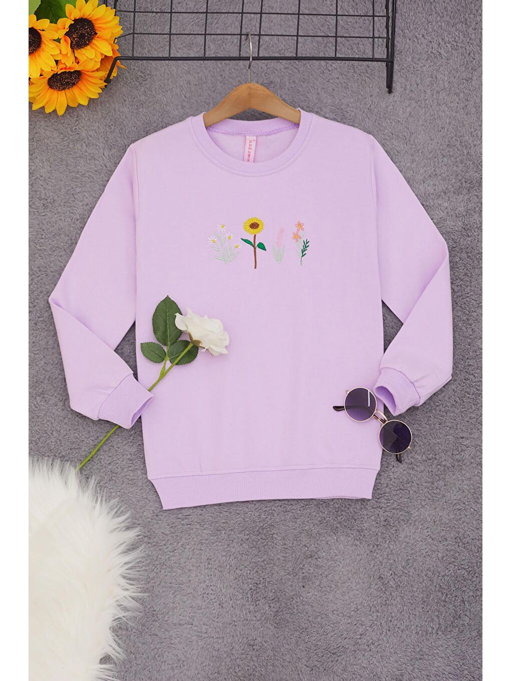 Lila Papatya Nakışlı Kız Çocuk Kız Çocuk Sweatshirt 17206