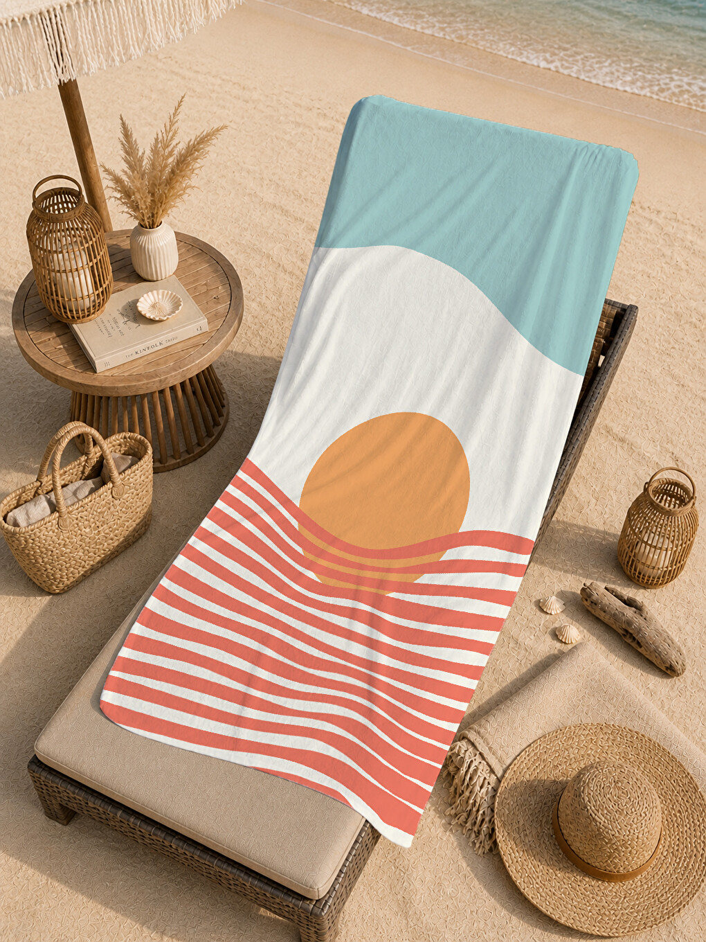 Mint Krem Turuncu Batımı Ve Çizgili Desenli 70x150 Cm Dijital Baskılı Plaj Ve Banyo Havlusu-4
