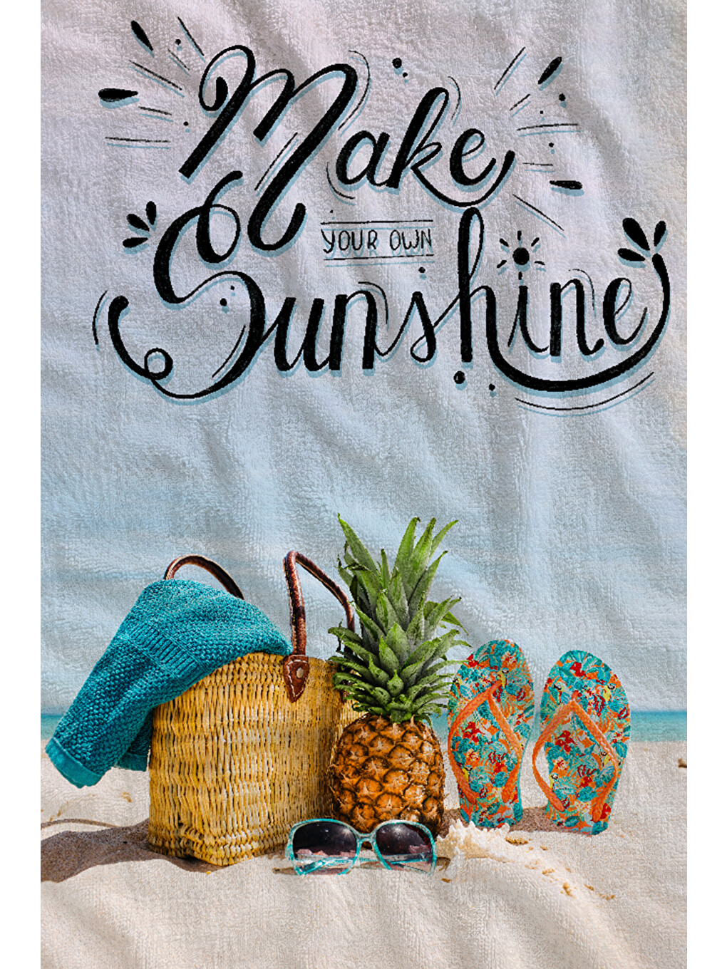 Ekru Make Sunshine Yazılı Tropikal Meyve Desenli 70x150 Cm Dijital Baskılı Plaj Ve Banyo Havlusu-1