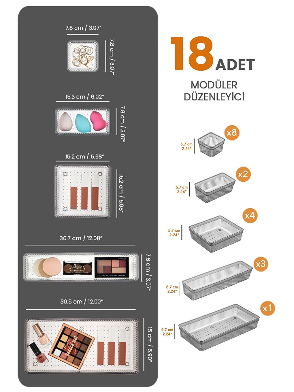 18'li Çekmece İçi Organizer Kozmetik Takı Makyaj Organizeri Dolap İçi Düzenleyici Antrasit-1