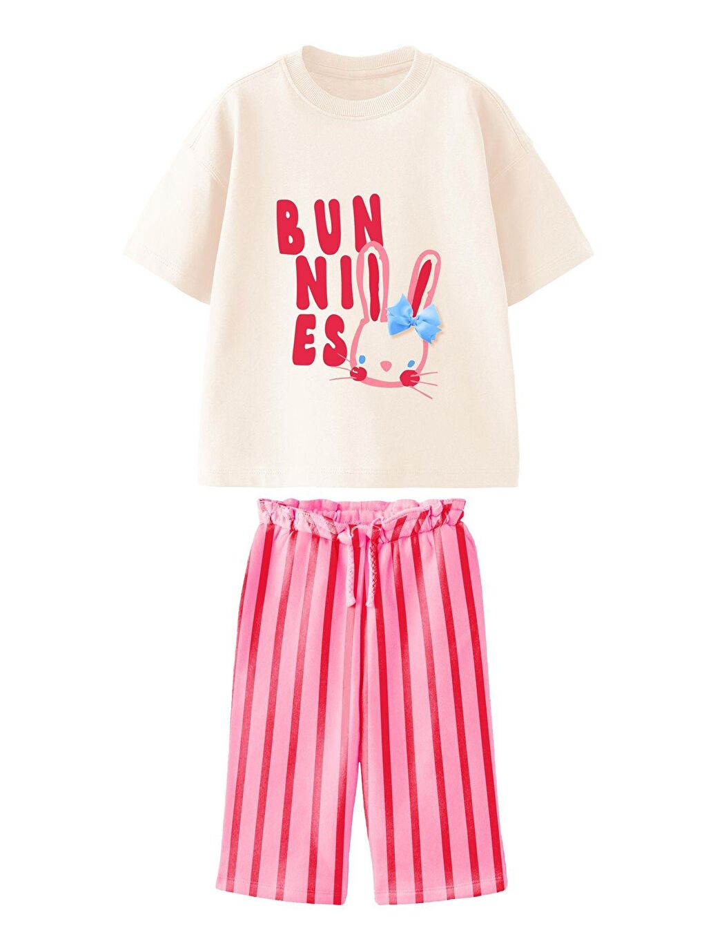 Ekru Kız Çocuk Müslin Jogger Pantolonlu Baskılı Kurdele Detaylı Alt Üst Takım