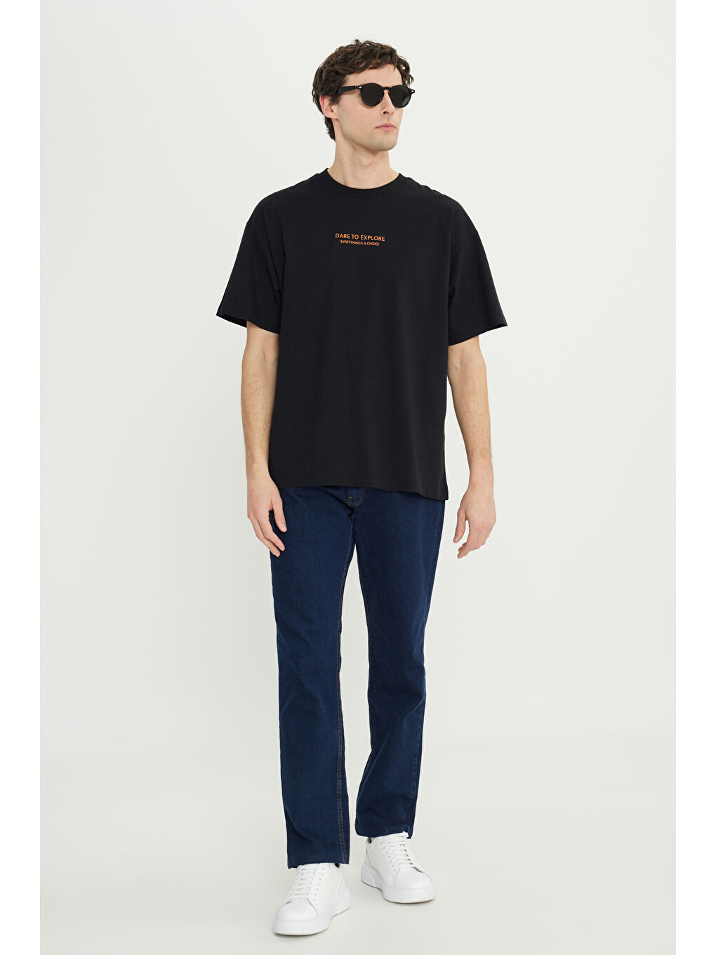 Erkek Siyah %100 Pamuk Oversize Fit Geniş Kesim Bisiklet Yaka Baskılı Tişört-1