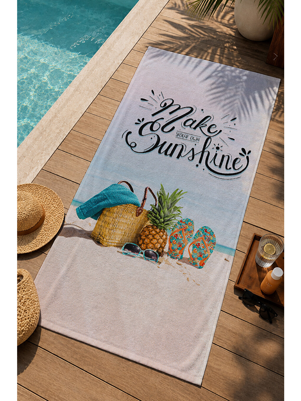 Ekru Make Sunshine Yazılı Tropikal Meyve Desenli 70x150 Cm Dijital Baskılı Plaj Ve Banyo Havlusu-2