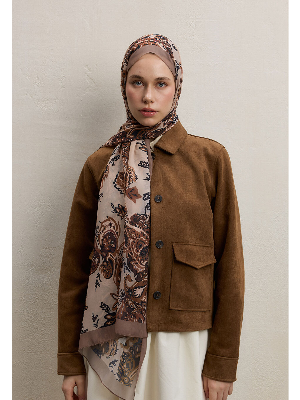 Bej Wıld Flora Desen İpek Krep Şal Vizon-1