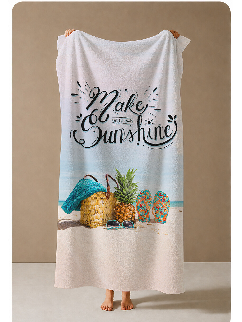 Ekru Make Sunshine Yazılı Tropikal Meyve Desenli 70x150 Cm Dijital Baskılı Plaj Ve Banyo Havlusu-3