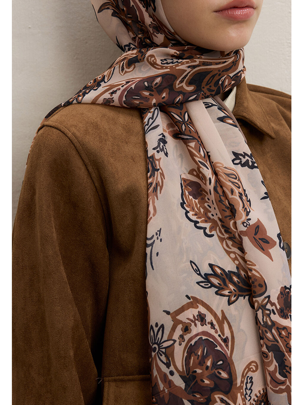 Bej Wıld Flora Desen İpek Krep Şal Vizon-3