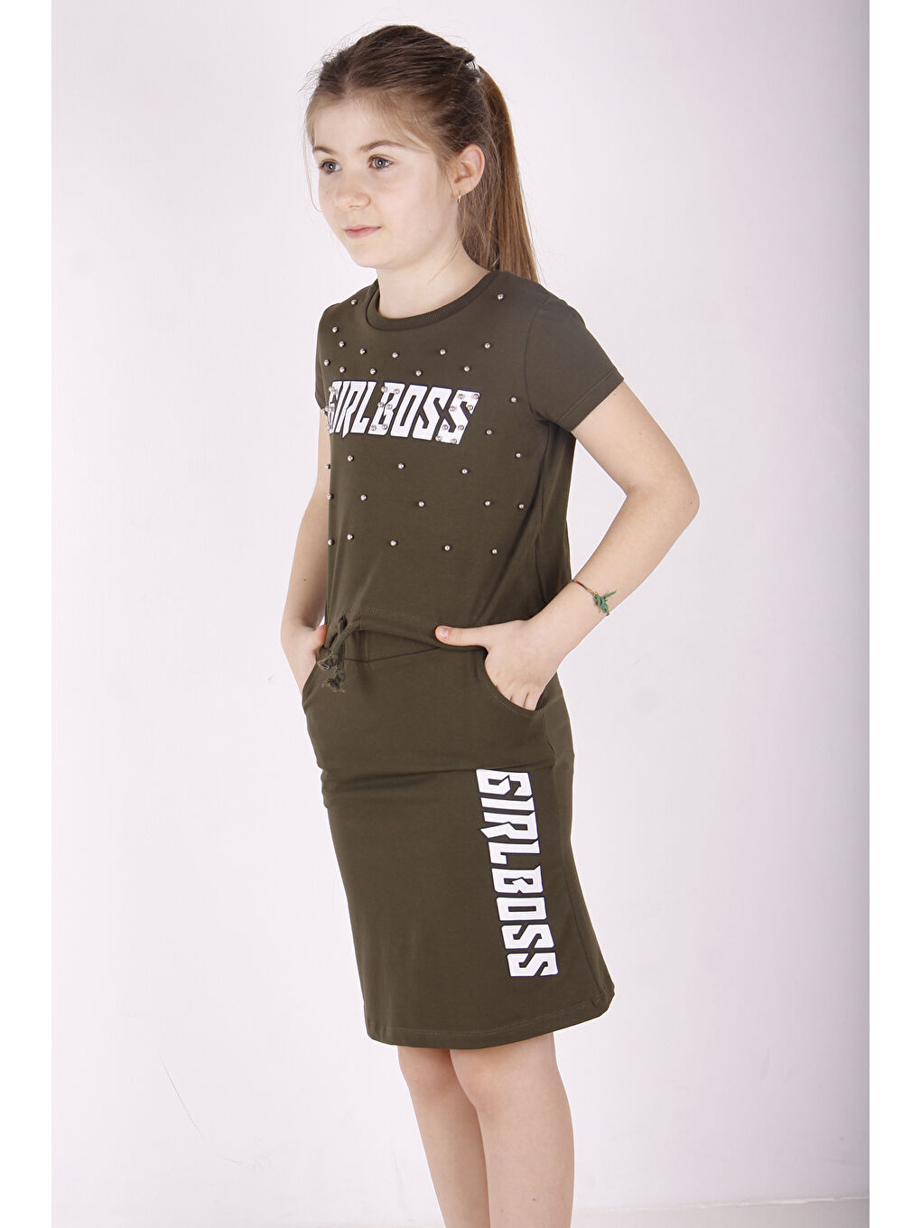 Haki Kız Çocuk İncili Cepli Etekli Takım-1