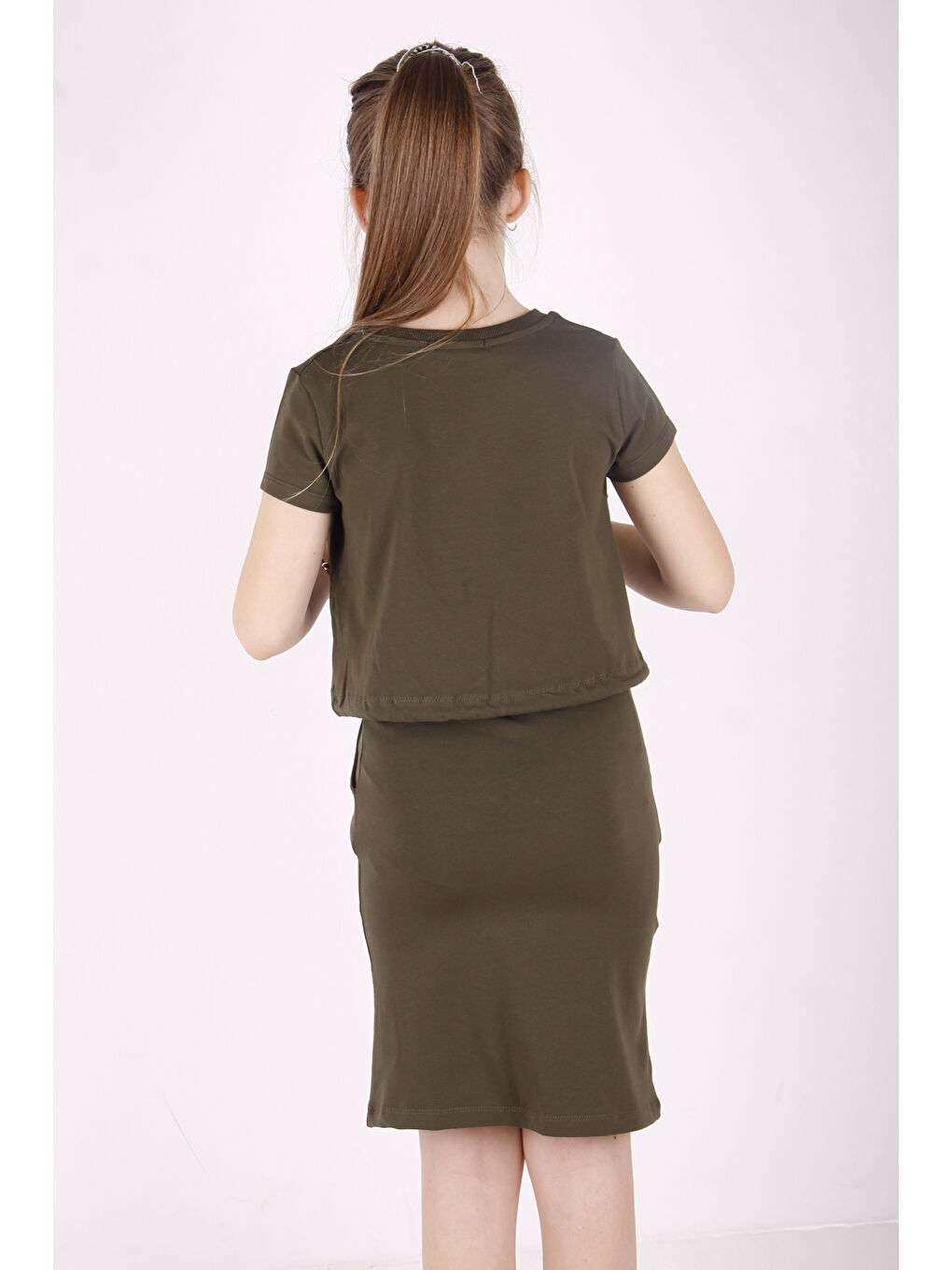 Haki Kız Çocuk İncili Cepli Etekli Takım-2