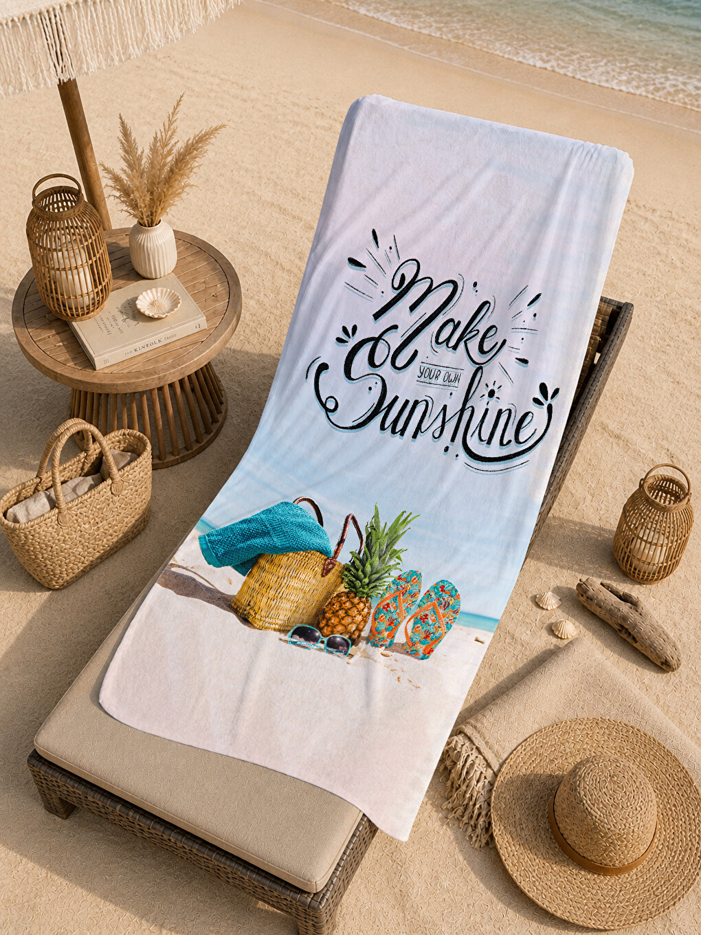 Ekru Make Sunshine Yazılı Tropikal Meyve Desenli 70x150 Cm Dijital Baskılı Plaj Ve Banyo Havlusu-4