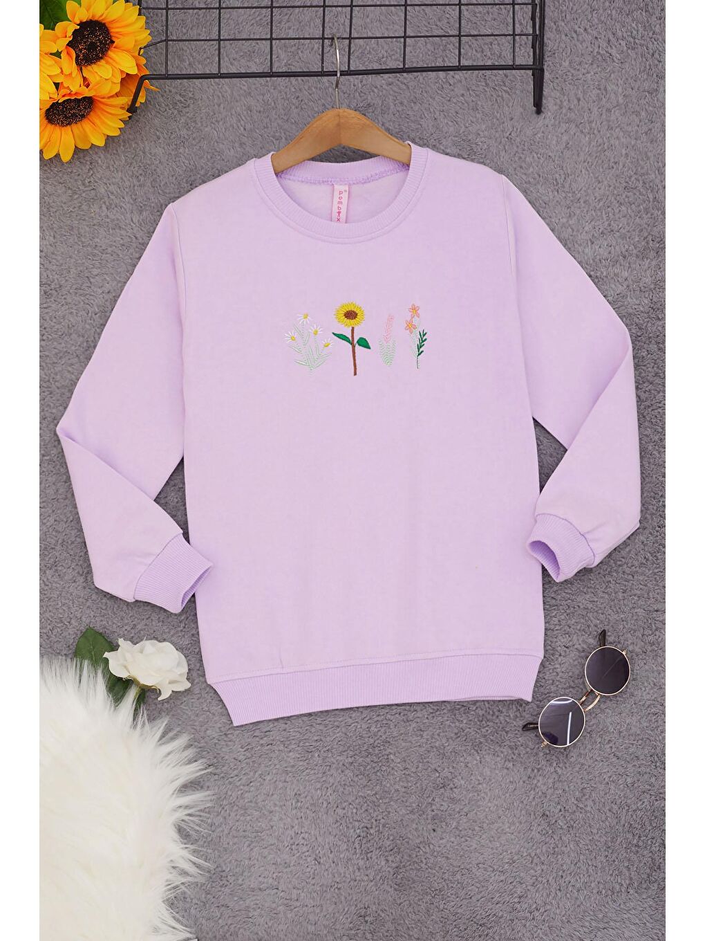 Lila Papatya Nakışlı Kız Çocuk Kız Çocuk Sweatshirt 17206-2