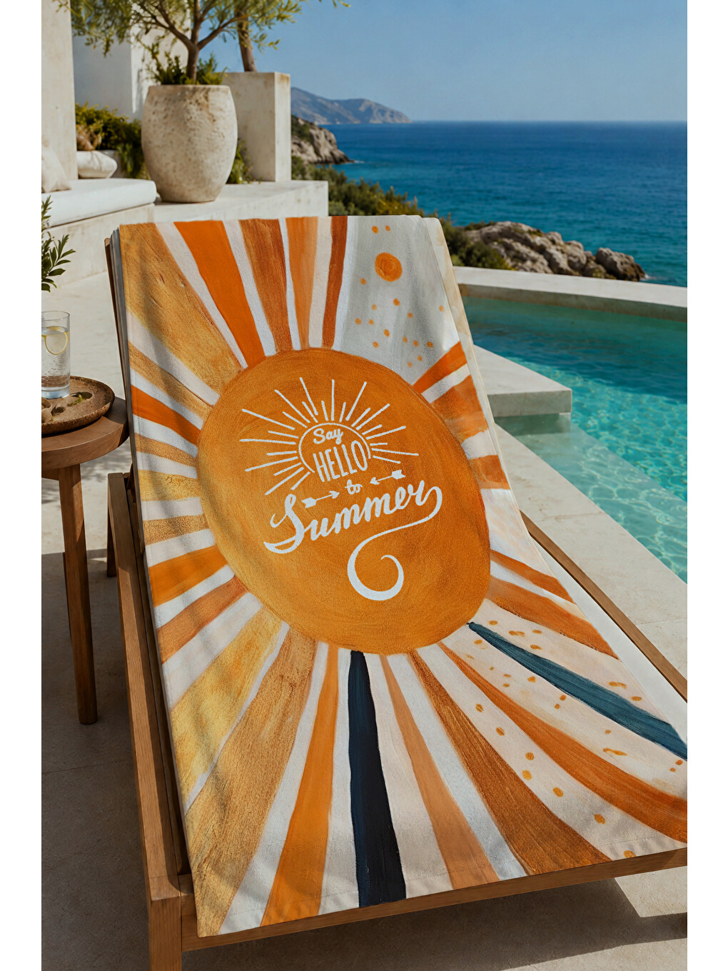 Turuncu Sarı Güneş Işını Ve Summer Yazılı Retro 70x150 Cm Dijital Baskılı Plaj Ve Banyo Havlusu