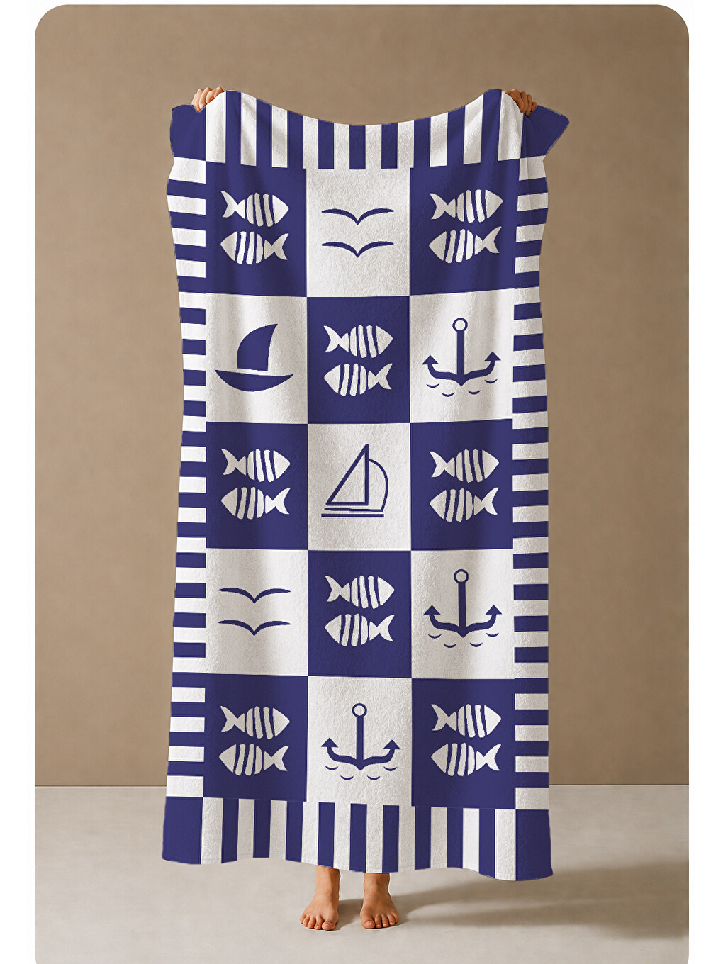 Lacivert Beyaz Dama Denizci Sembol Desenli 70x150 Cm Dijital Baskılı Plaj Ve Banyo Havlusu-3