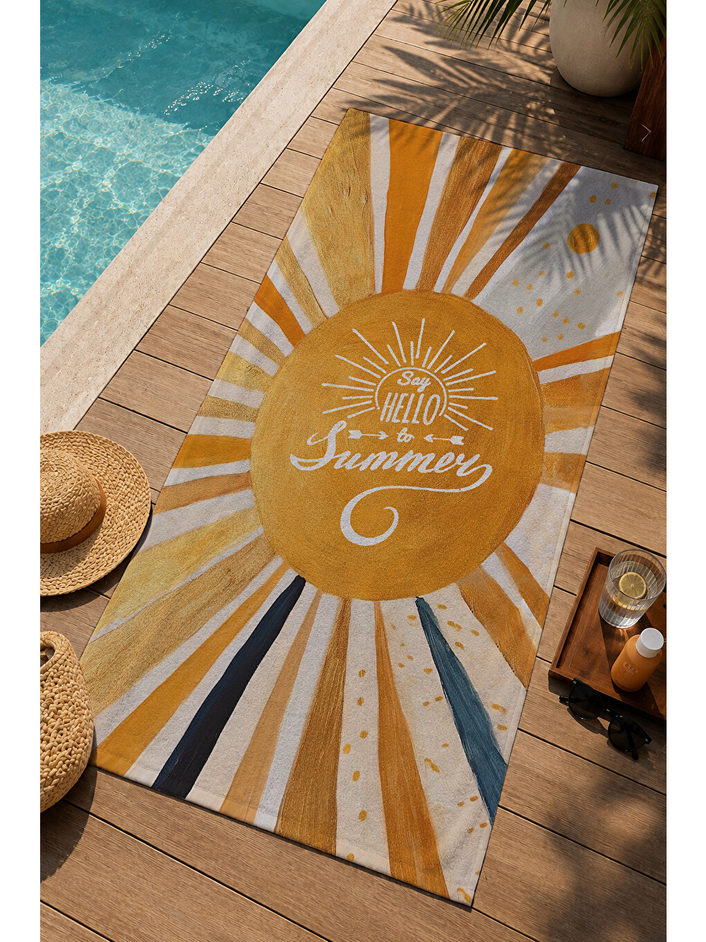 Turuncu Sarı Güneş Işını Ve Summer Yazılı Retro 70x150 Cm Dijital Baskılı Plaj Ve Banyo Havlusu-2
