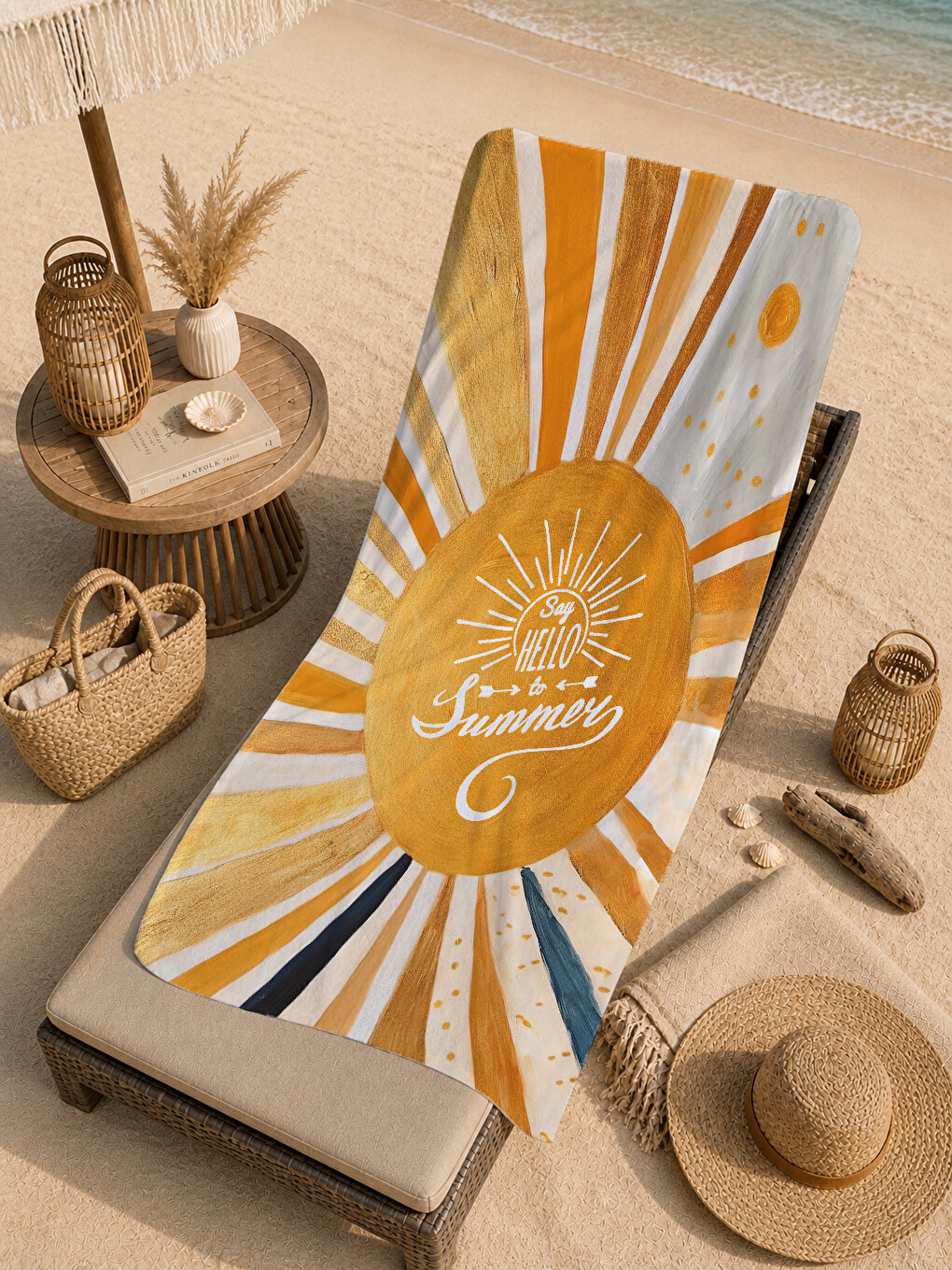 Turuncu Sarı Güneş Işını Ve Summer Yazılı Retro 70x150 Cm Dijital Baskılı Plaj Ve Banyo Havlusu-4