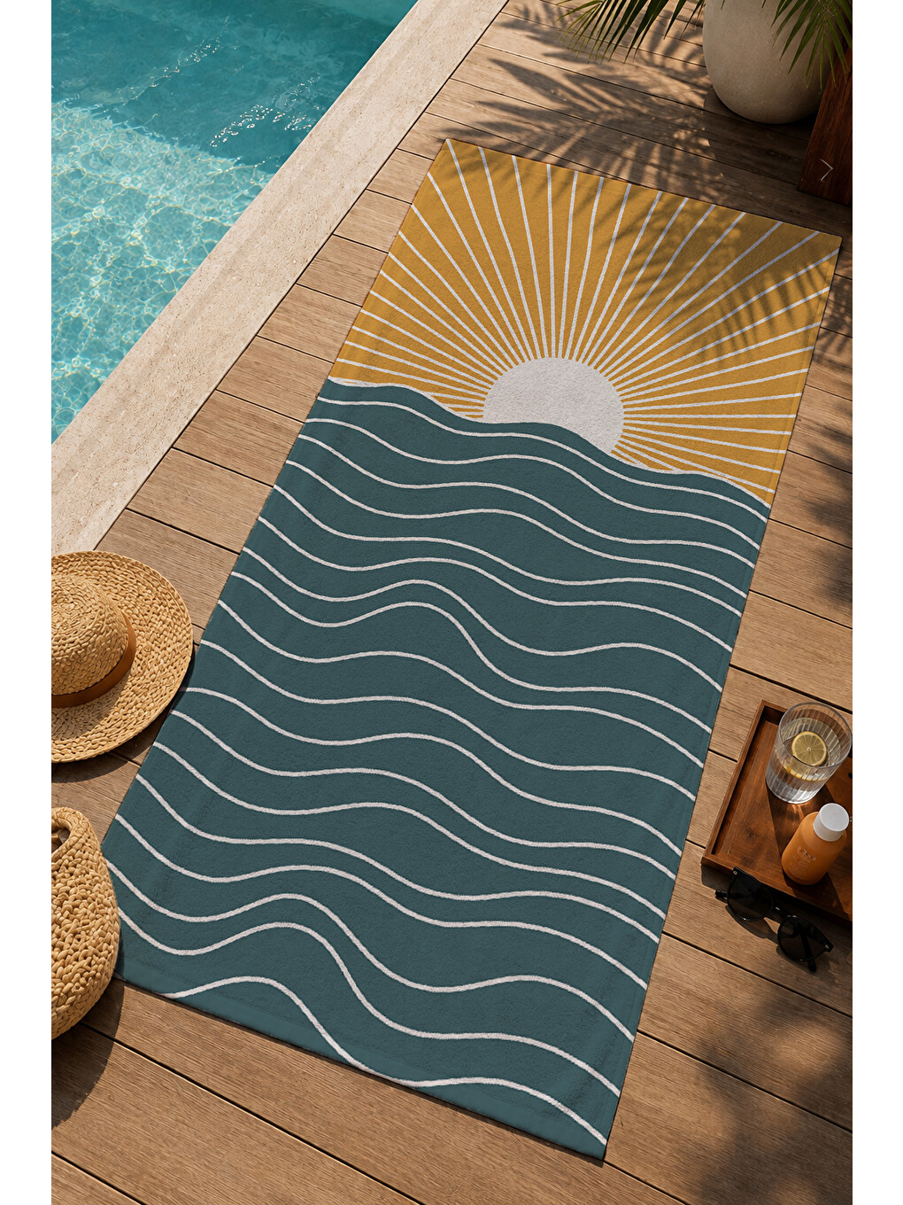 Hardal Sarısı Güneş Ve Lacivert Dalga Desenli 70x150 Cm Dijital Baskılı Plaj Ve Banyo Havlusu-2