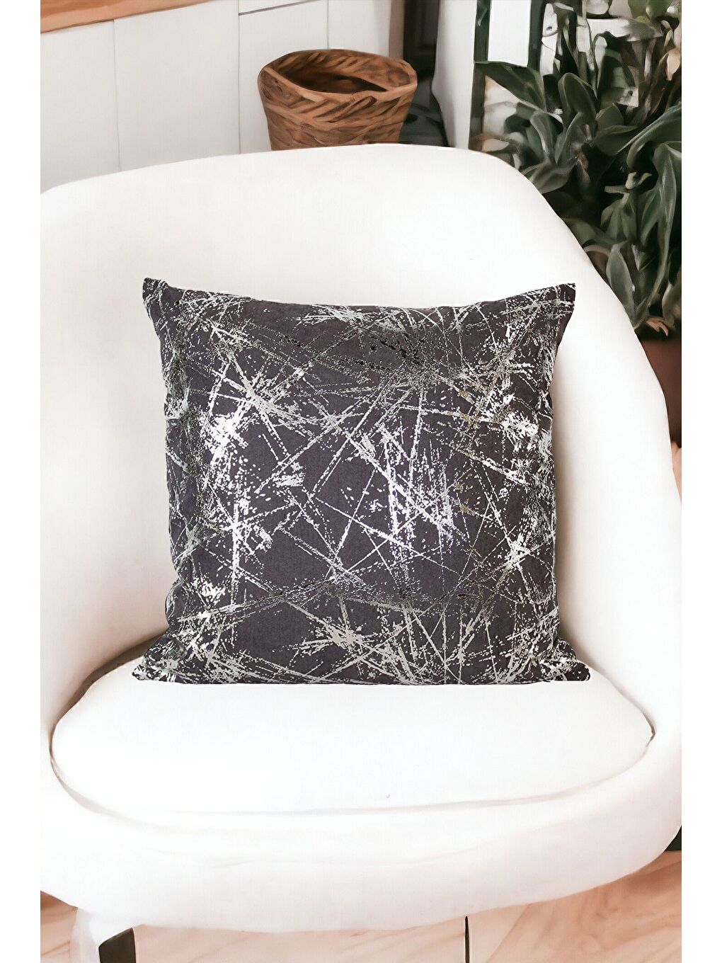 Antrasit Gümüş Varak Desenli Kırlent Kılıfı Dekoratif Yumuşak Salon Koltuk-4
