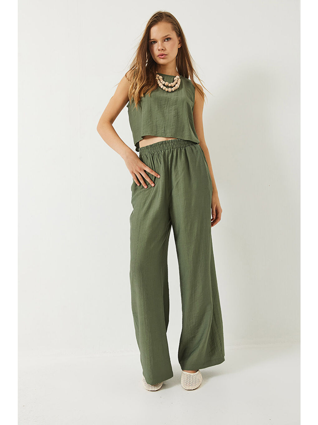 Haki Kadın Bağlama Detaylı Yelekli Yüksek Bel Pantolonlu Yazlık Alt-Üst Takım-5