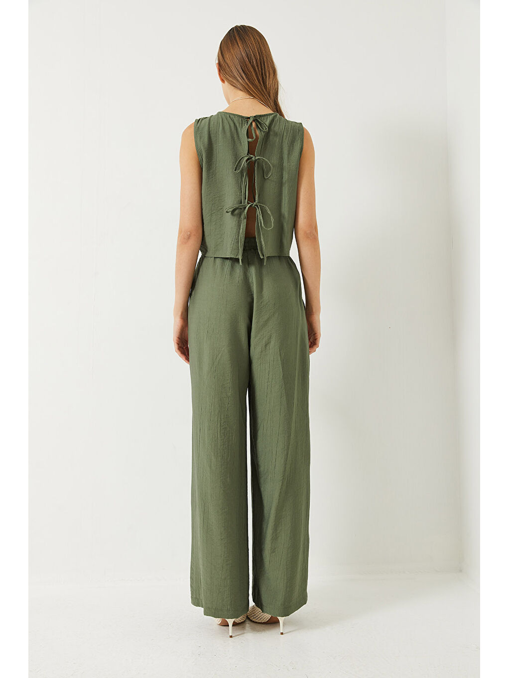 Haki Kadın Bağlama Detaylı Yelekli Yüksek Bel Pantolonlu Yazlık Alt-Üst Takım-6