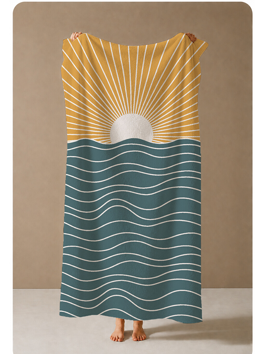 Hardal Sarısı Güneş Ve Lacivert Dalga Desenli 70x150 Cm Dijital Baskılı Plaj Ve Banyo Havlusu-3