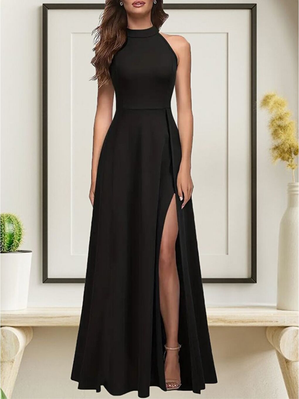 Siyah Kadın Halter Yaka Derin Yırtmaç Detaylı Tam Boy Ithal Krep Abiye Elbise