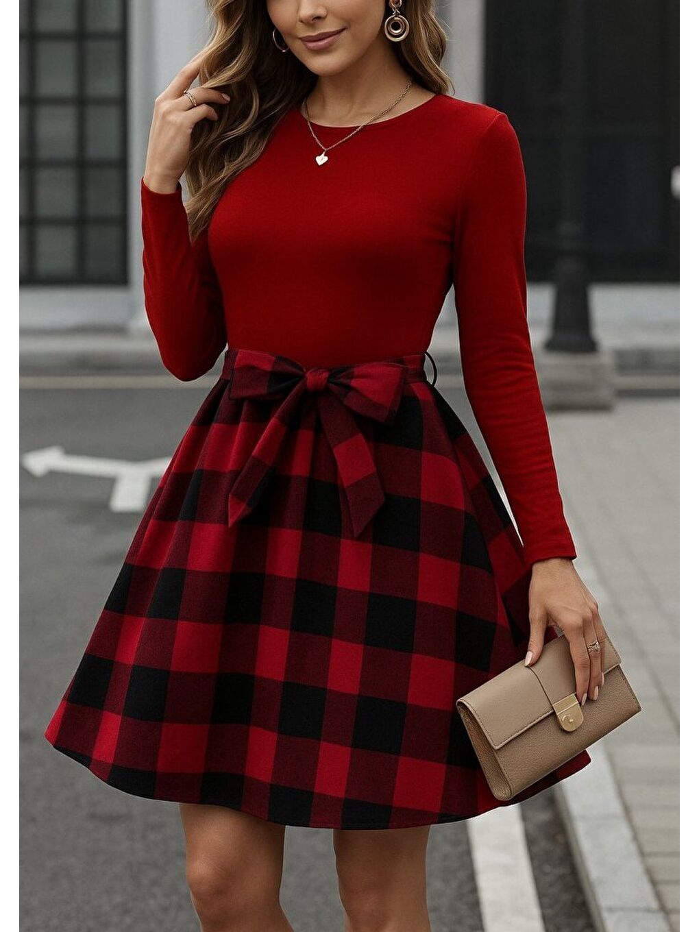 Kırmızı Kadın Uzun Kollu Bisiklet Yaka üst Viskon Alt Ekose Kısa Elbise
