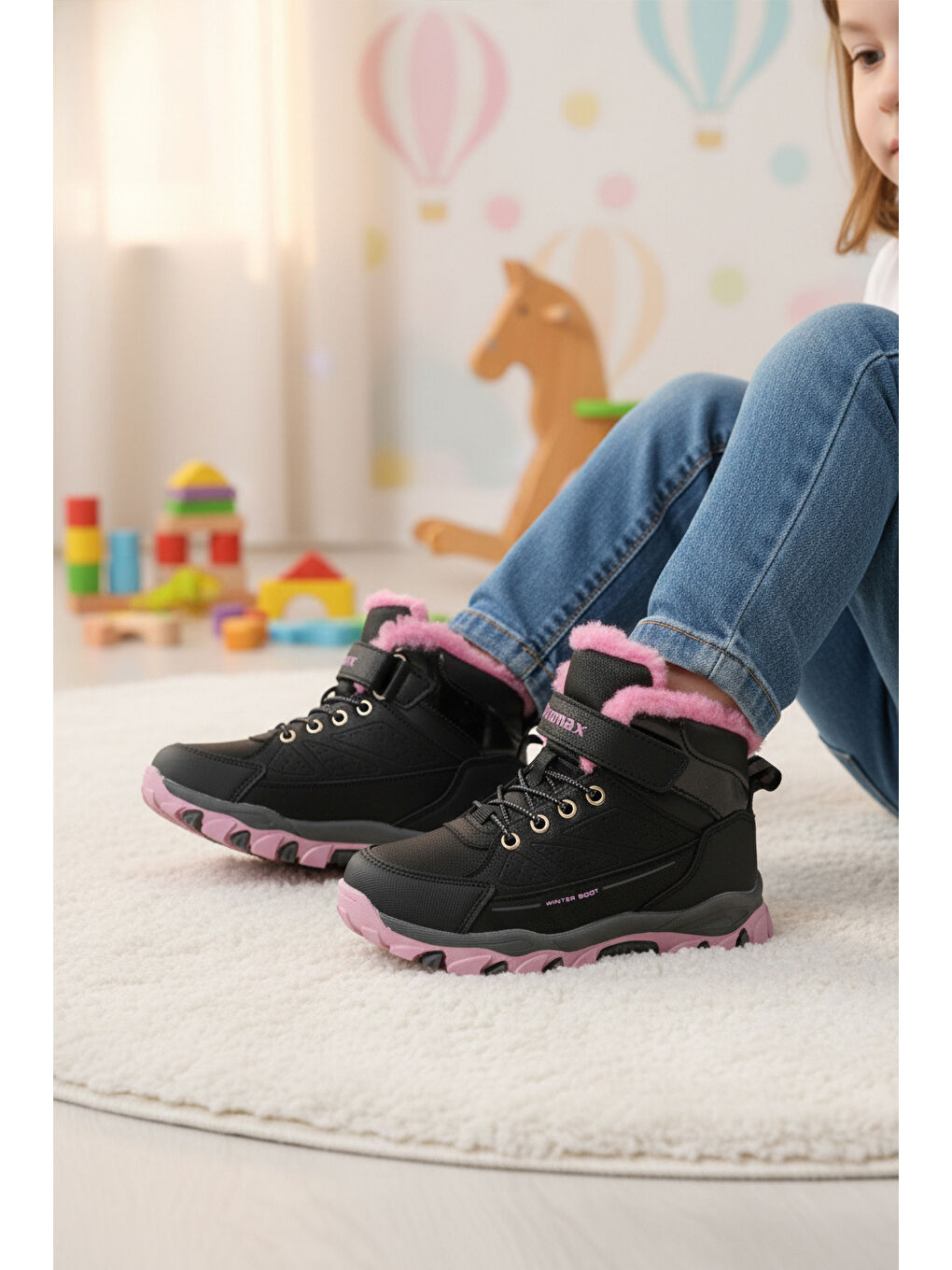Siyah Pembe Kürklü Kaymaz Cırtlı Kız Çocuk Bot 2082 P-2