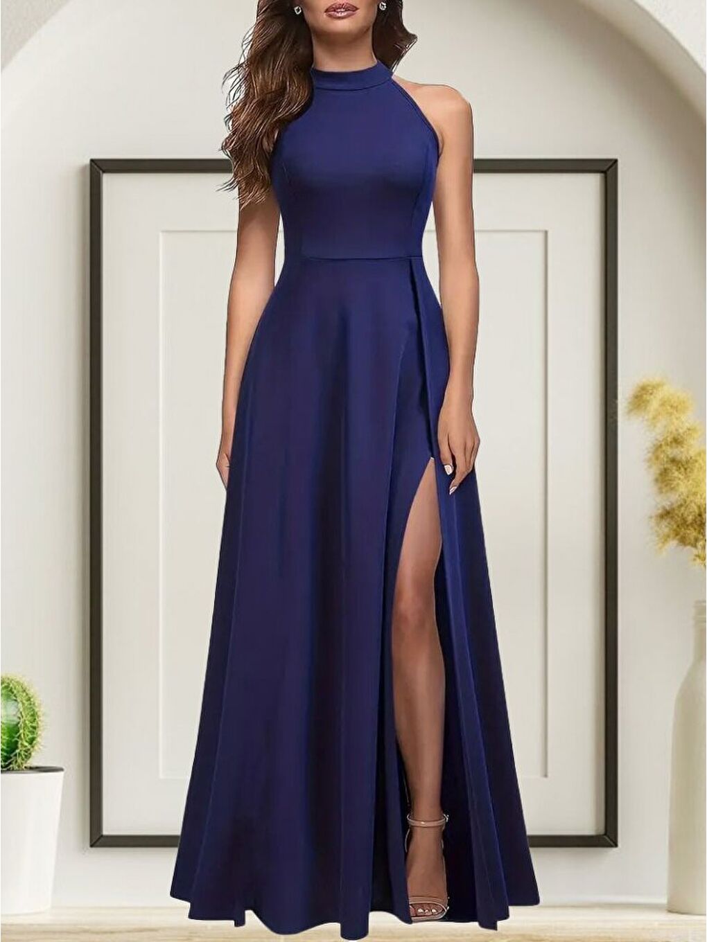 Mavi Kadın Halter Yaka Derin Yırtmaç Detaylı Tam Boy Janjan Krep Abiye Elbise
