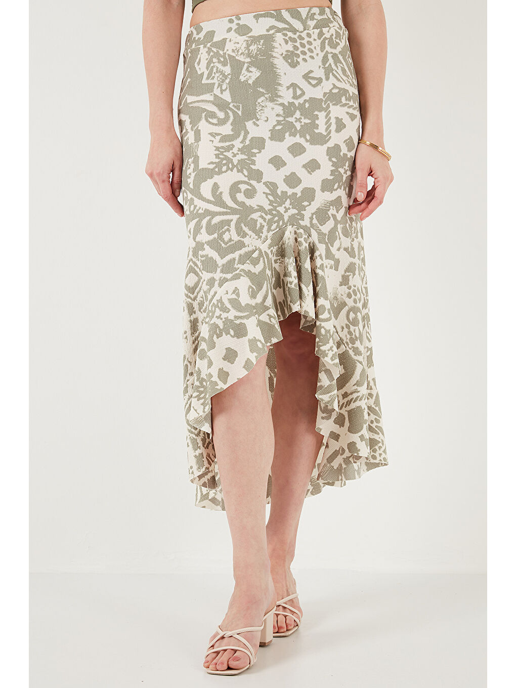 Yeşil Regular Fit Desenli Yüksek Bel Volanlı Midi Boy Yırtmaçlı Etek 5869013-1