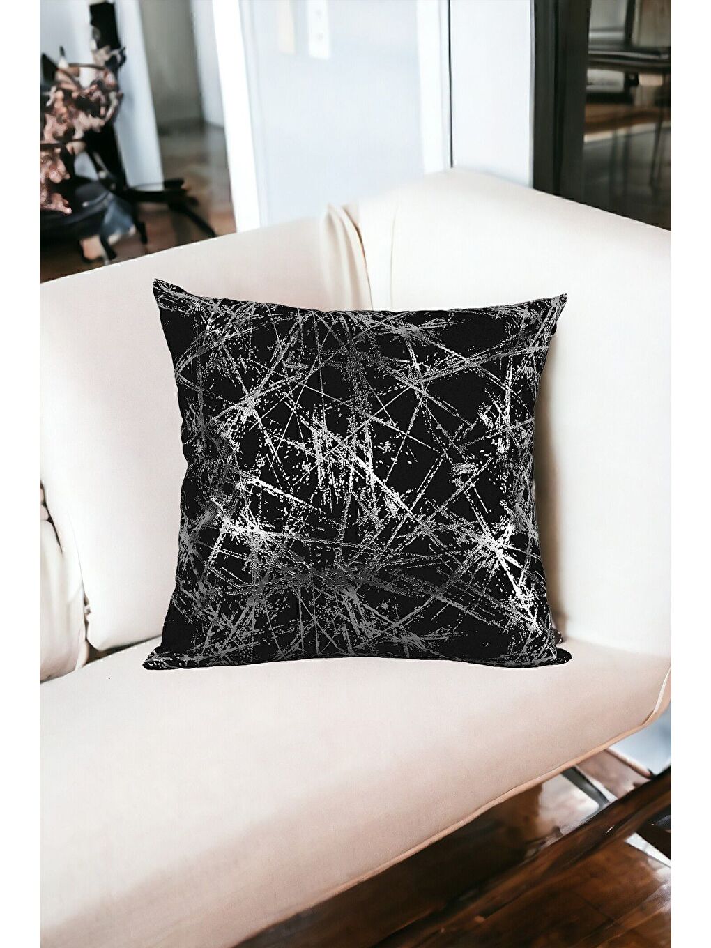 Siyah Gümüş Varak Desenli Kırlent Kılıfı Dekoratif Yumuşak Salon Koltuk