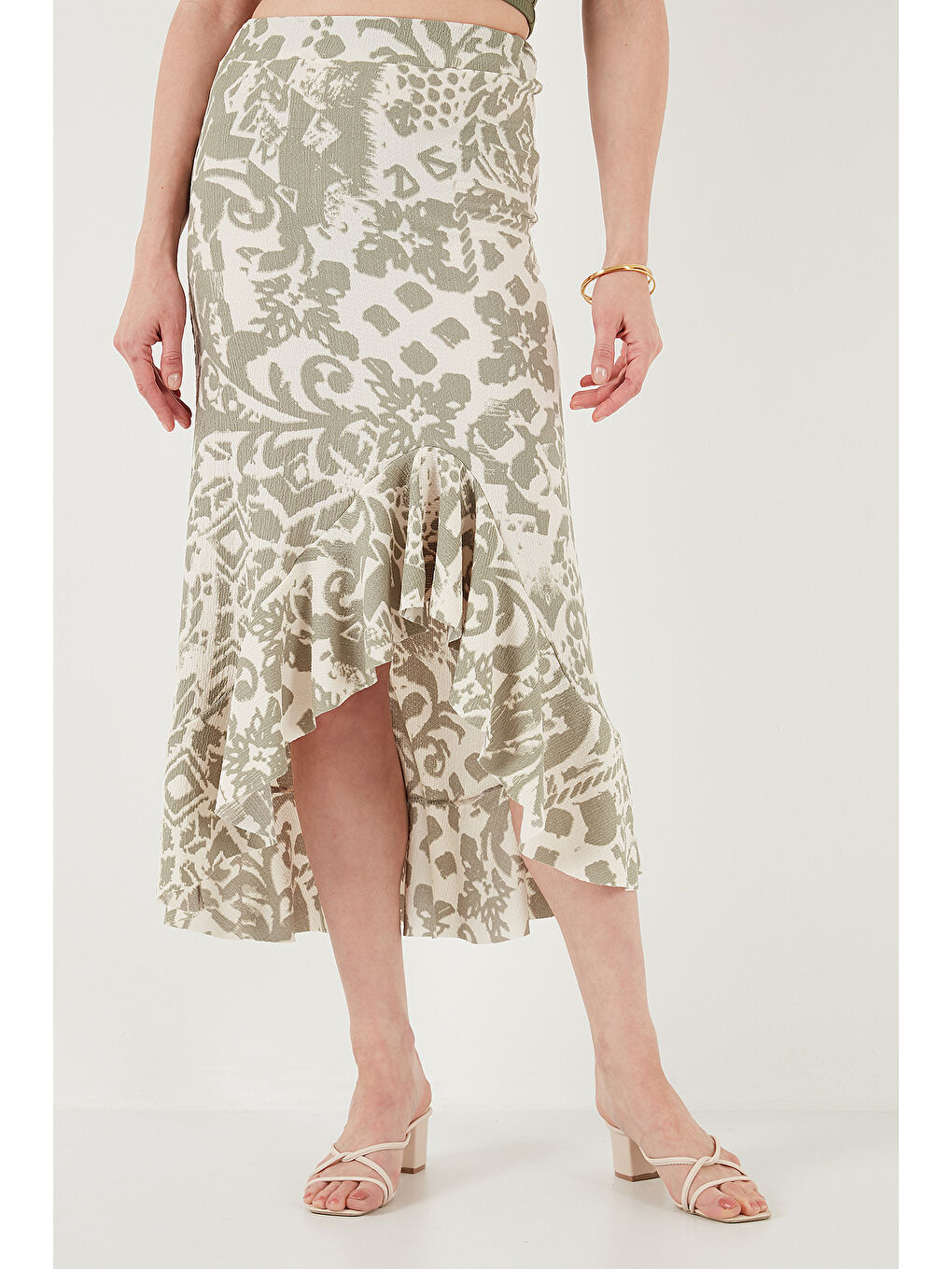 Yeşil Regular Fit Desenli Yüksek Bel Volanlı Midi Boy Yırtmaçlı Etek 5869013-2