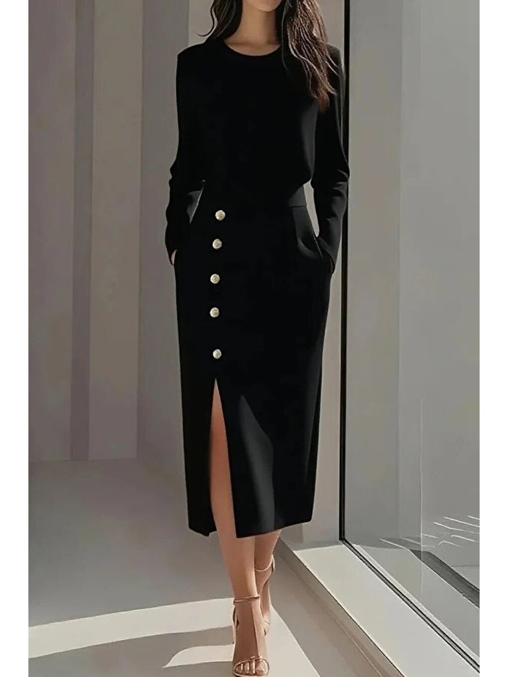 Siyah Kadın Uzun Kollu Bisiklet Yakalı Yandan Yırtmaçlı Düğmeli Midi Ithal Krep Elbise-3