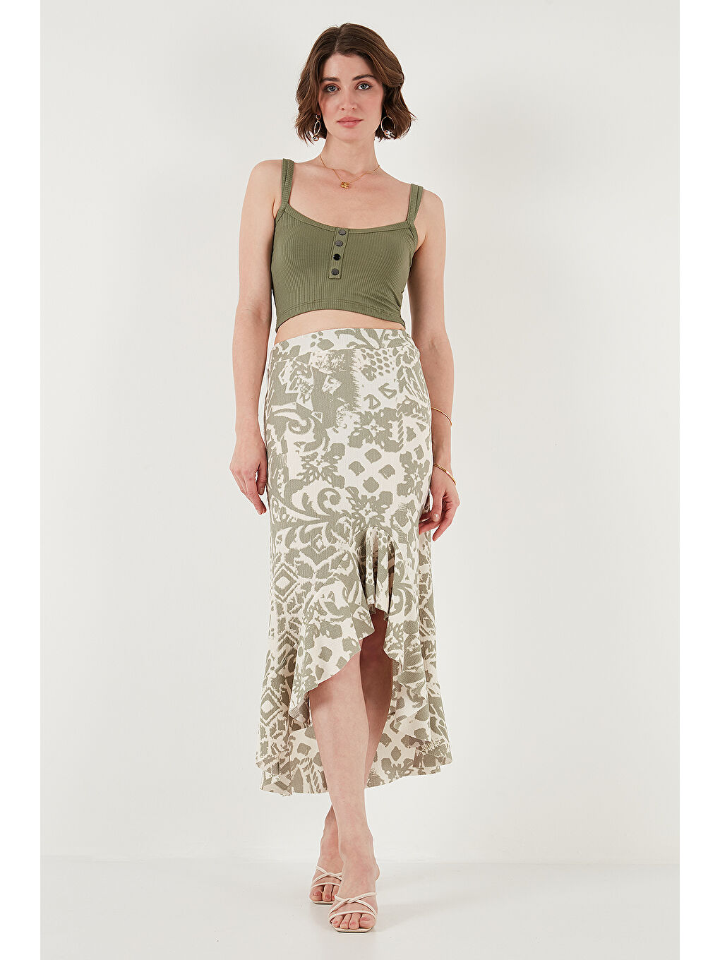 Yeşil Regular Fit Desenli Yüksek Bel Volanlı Midi Boy Yırtmaçlı Etek 5869013-3