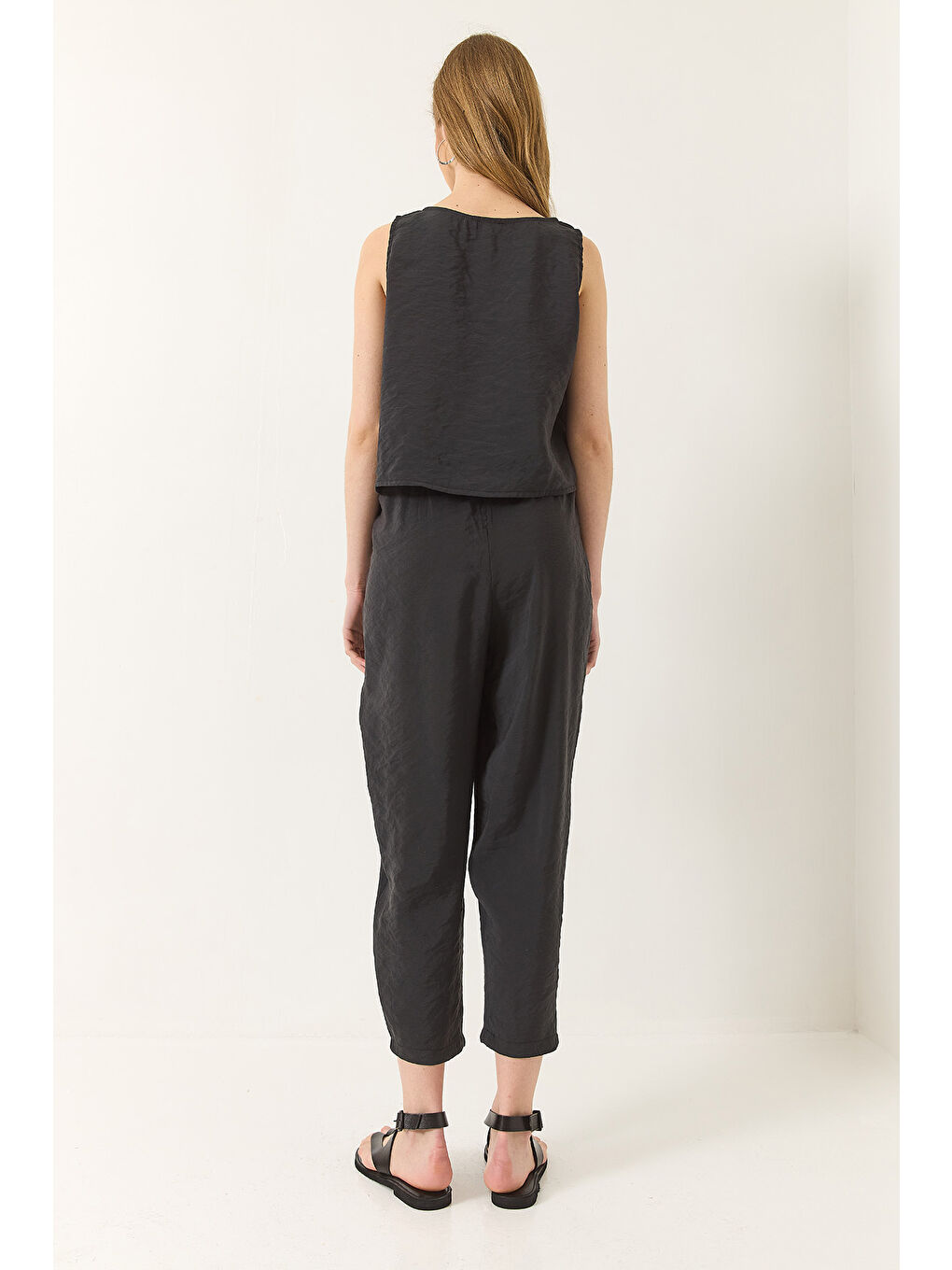 Siyah Kadın Kalın Askılı Bluz Beli Lastikli Pantolon Modal Takım-5