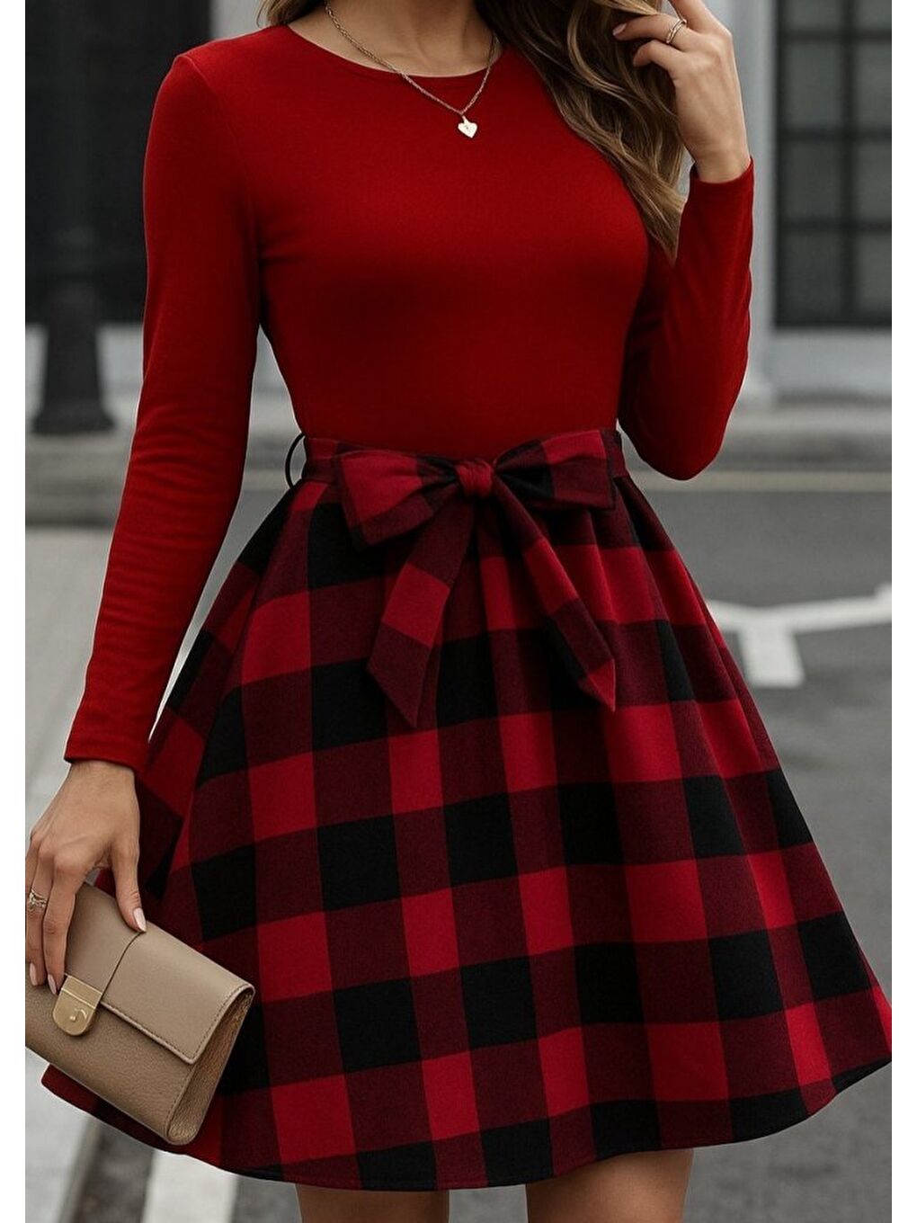 Kırmızı Kadın Uzun Kollu Bisiklet Yaka üst Viskon Alt Ekose Kısa Elbise-1