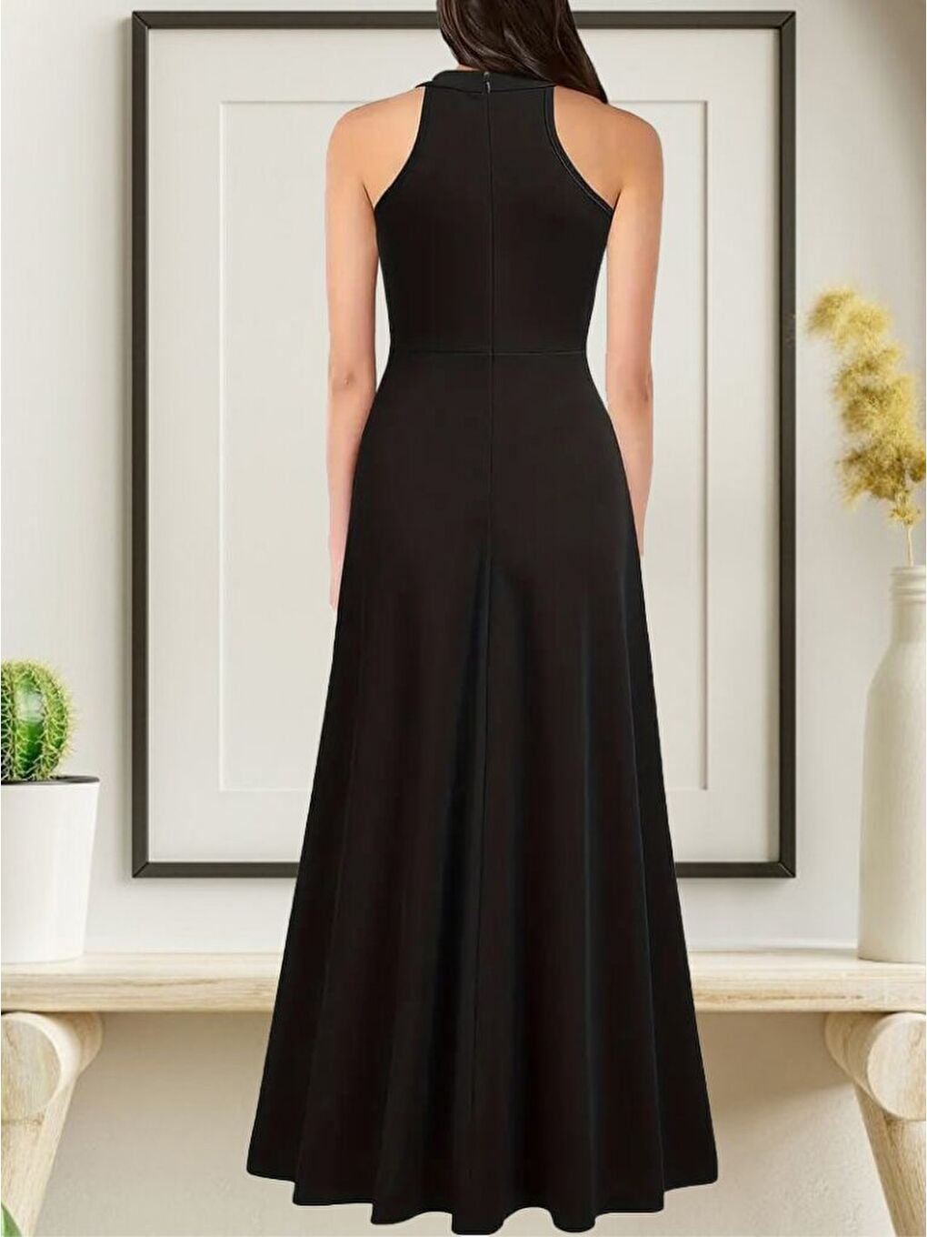 Siyah Kadın Halter Yaka Derin Yırtmaç Detaylı Tam Boy Ithal Krep Abiye Elbise-1
