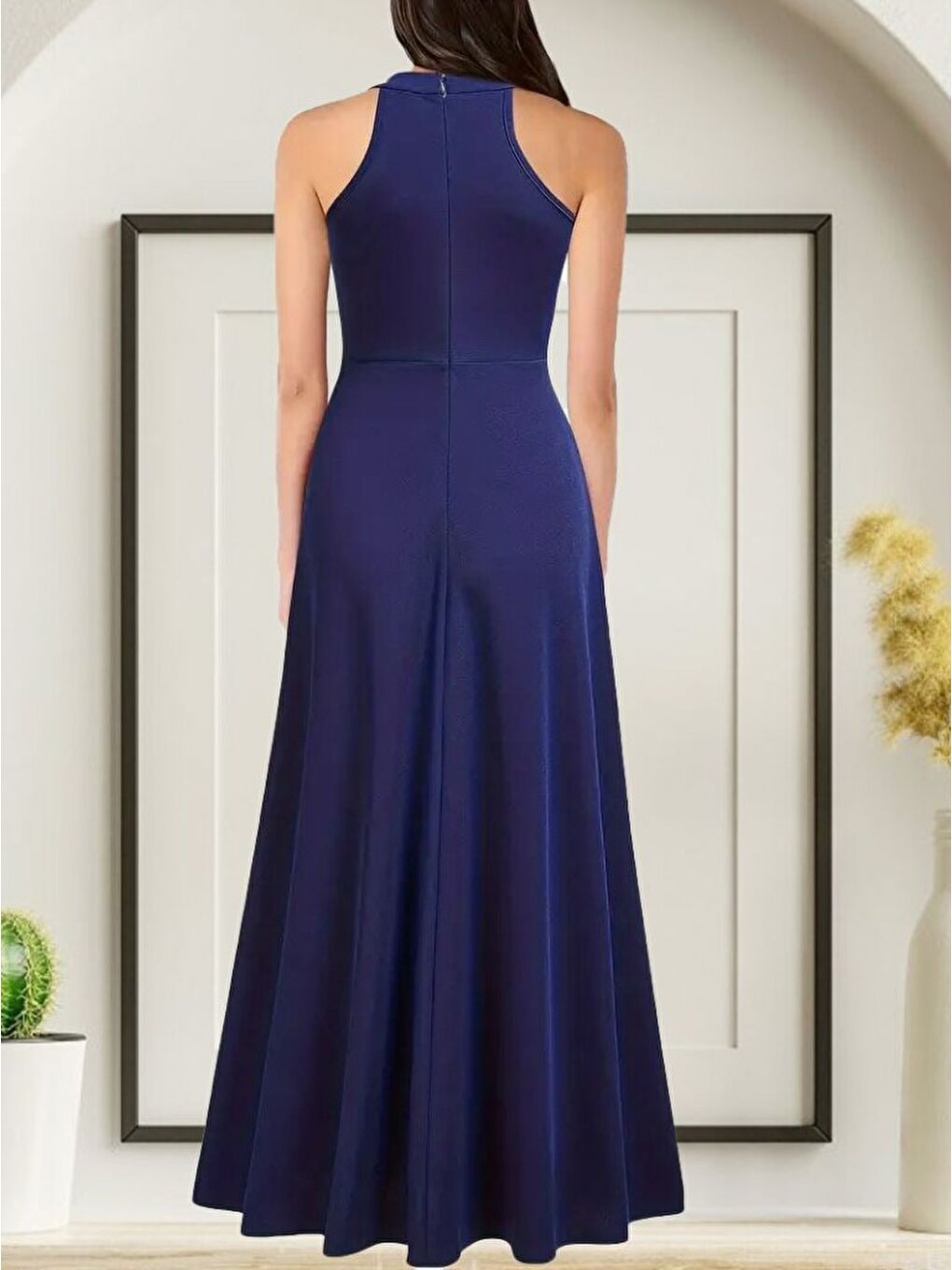 Mavi Kadın Halter Yaka Derin Yırtmaç Detaylı Tam Boy Janjan Krep Abiye Elbise-1