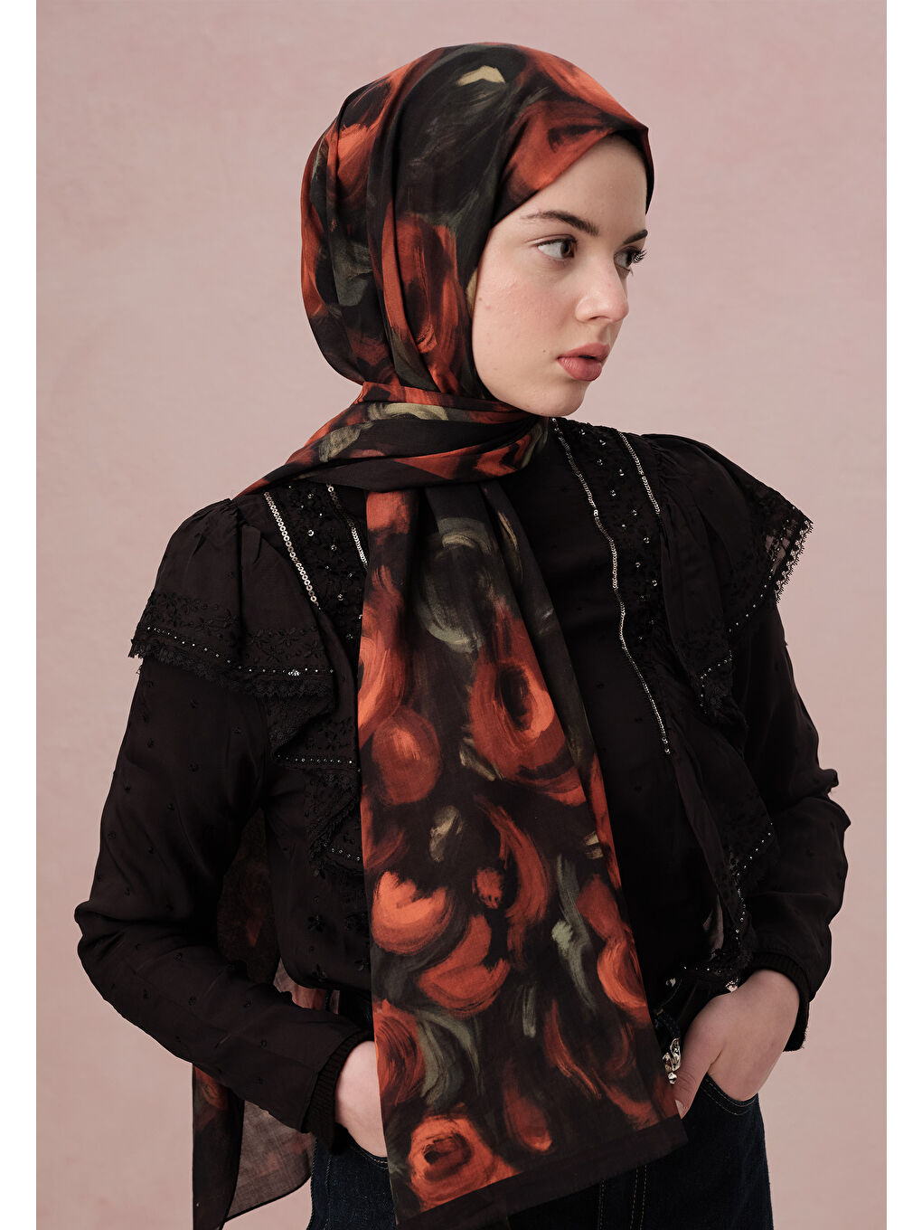 Rosaly Desen Vual Şal Kırmızı-2