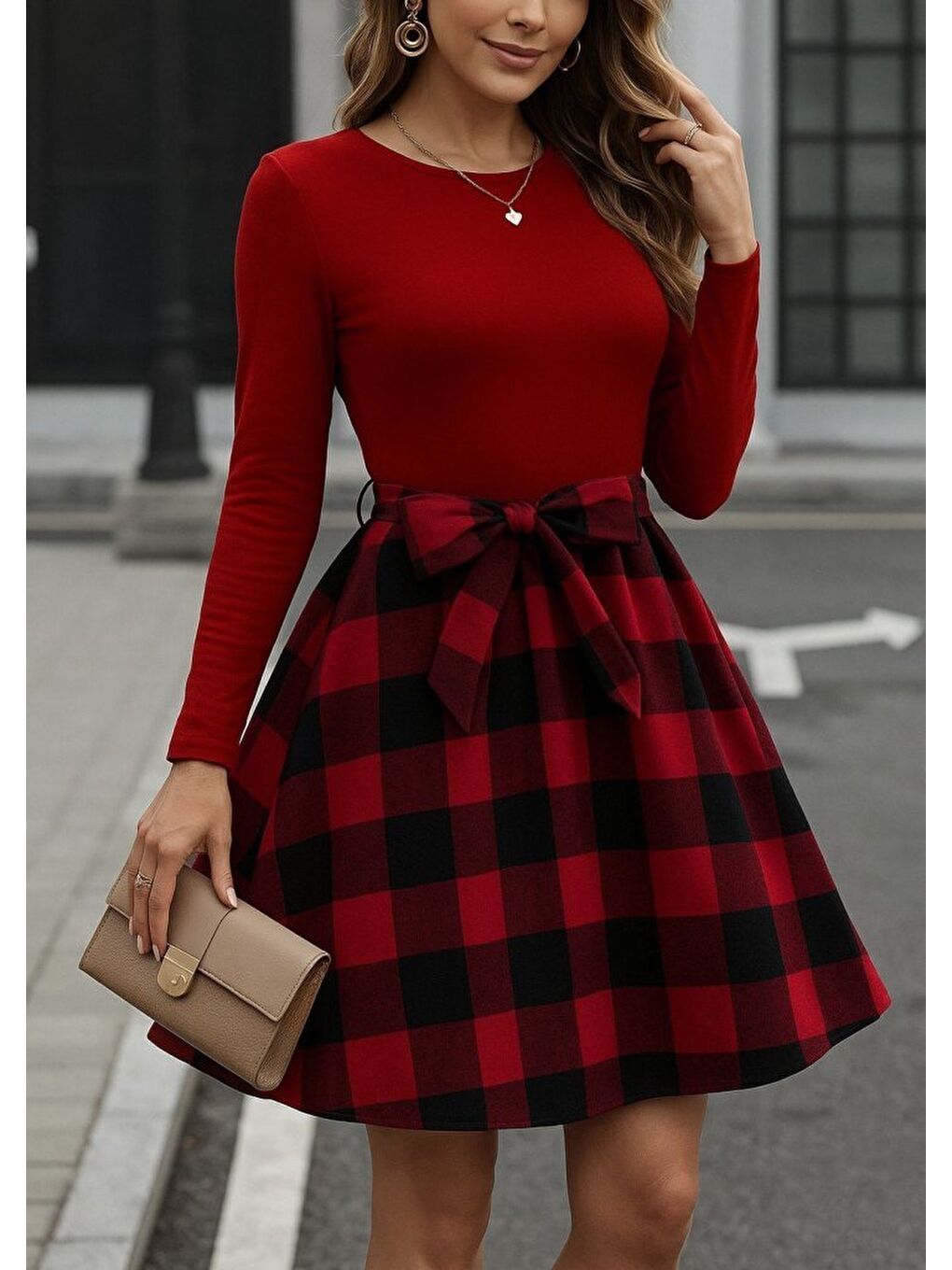 Kırmızı Kadın Uzun Kollu Bisiklet Yaka üst Viskon Alt Ekose Kısa Elbise-2