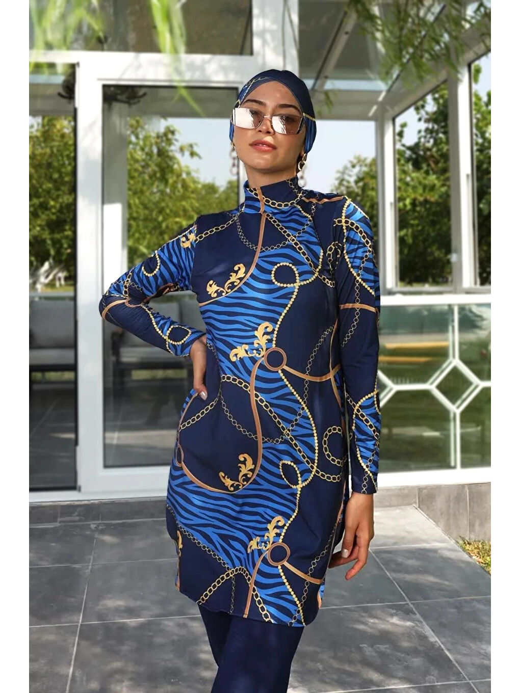 Kadın Lacivert Desenli Uzun Kollu Tesettür Mayo HZL25S-AR268-514-1