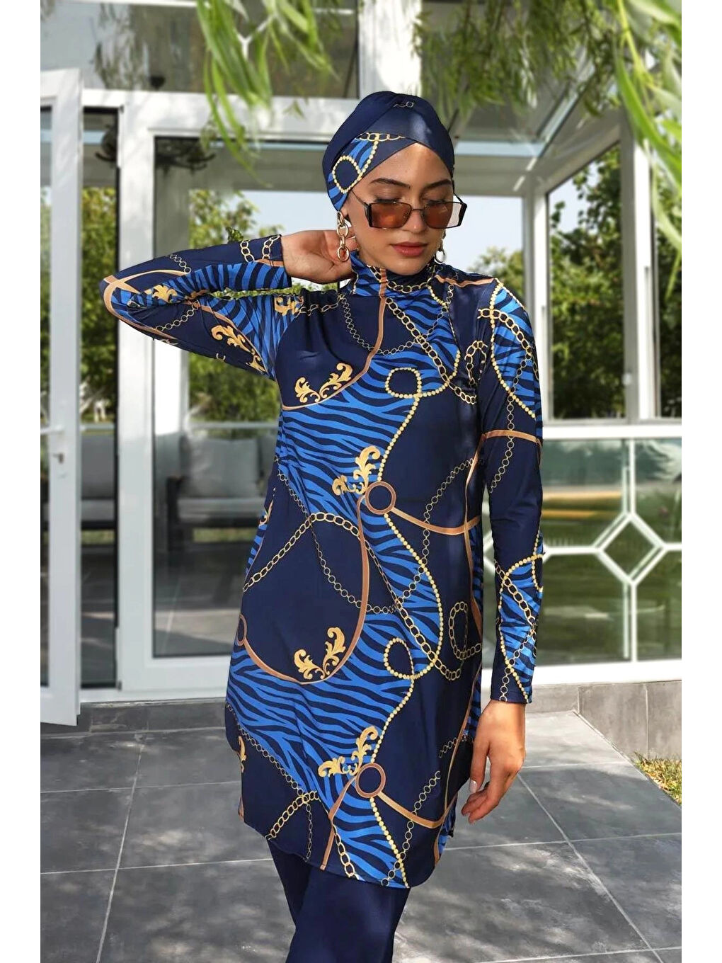 Kadın Lacivert Desenli Uzun Kollu Tesettür Mayo HZL25S-AR268-514-2