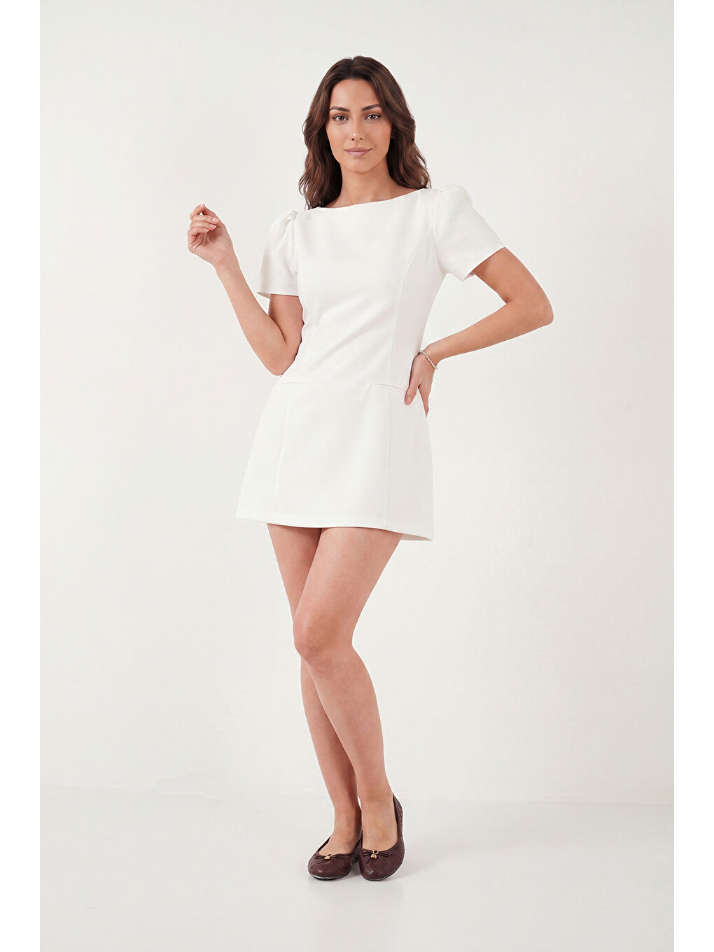 Ekru Kayık Yaka Balon Kol Mini Davet Kadın Elbise 6525735-2