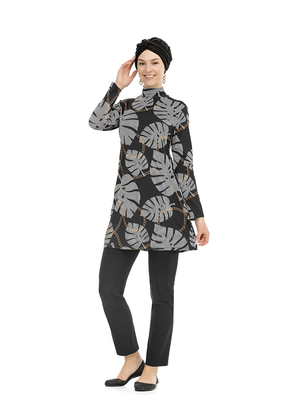 Kadın Siyah Desenli Uzun Kollu Tesettür Mayo HZL25S-AR268-515