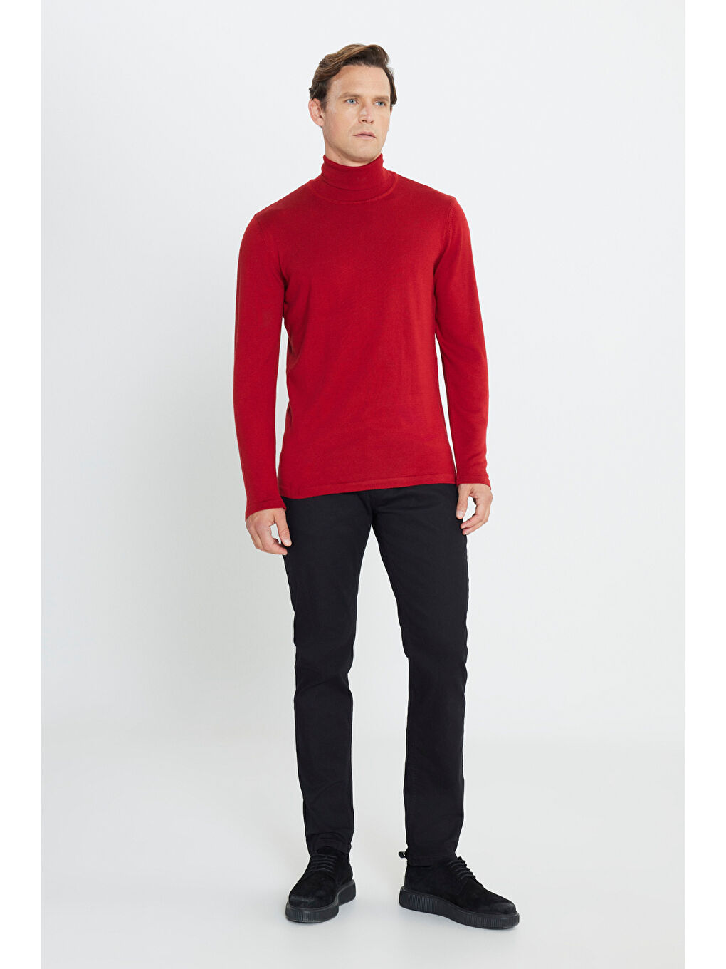 Erkek Kırmızı Standart Fit Normal Kesim Tam Balıkçı Yaka Triko Kazak-1