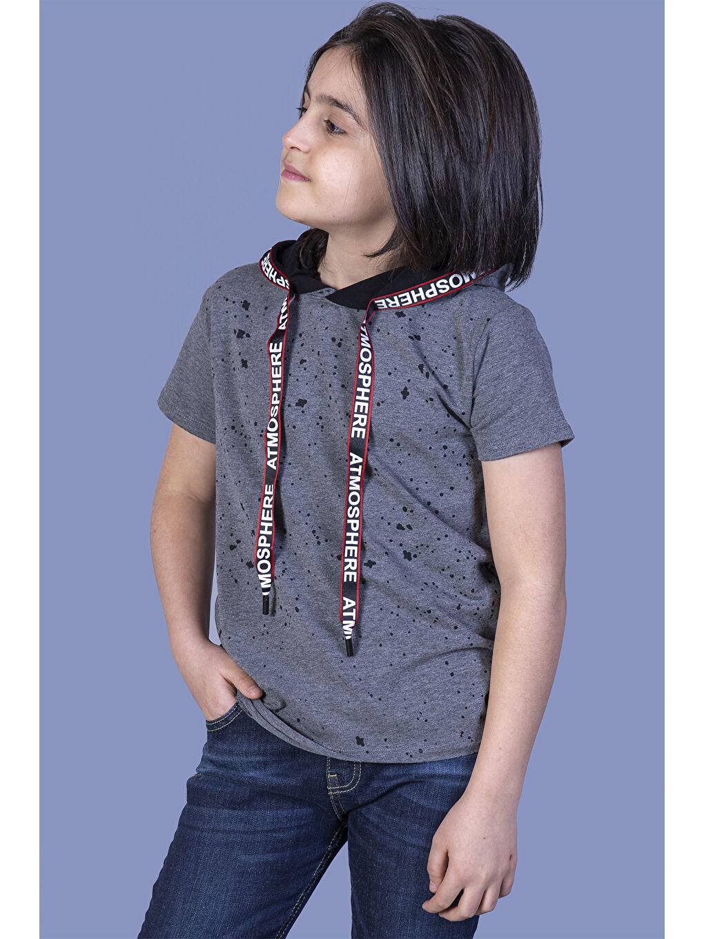 Antrasit Erkek Çocuk Kapüşonu Şeritli Tişört-2