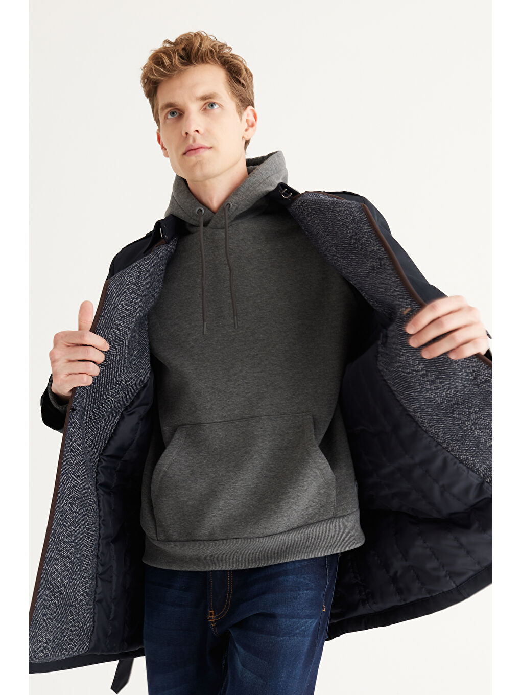 Erkek Lacivert Standart Fit Normal Kesim Gömlek Yaka Pamuklu Trençkot-1